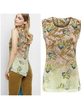 CAbi Floral layered Tropical Print parlor split back blouse Small